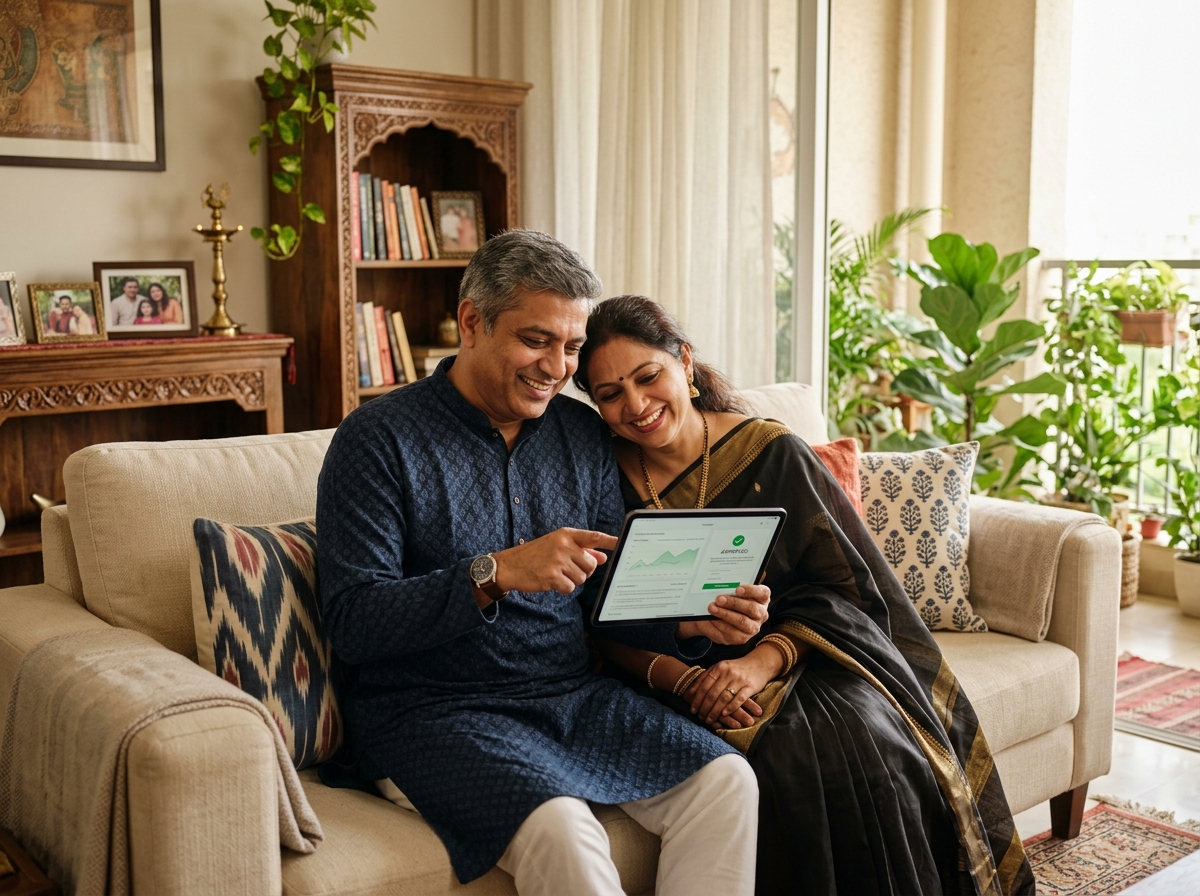 Indian parents reviewing verified groom profile report at home with relief and confidence
